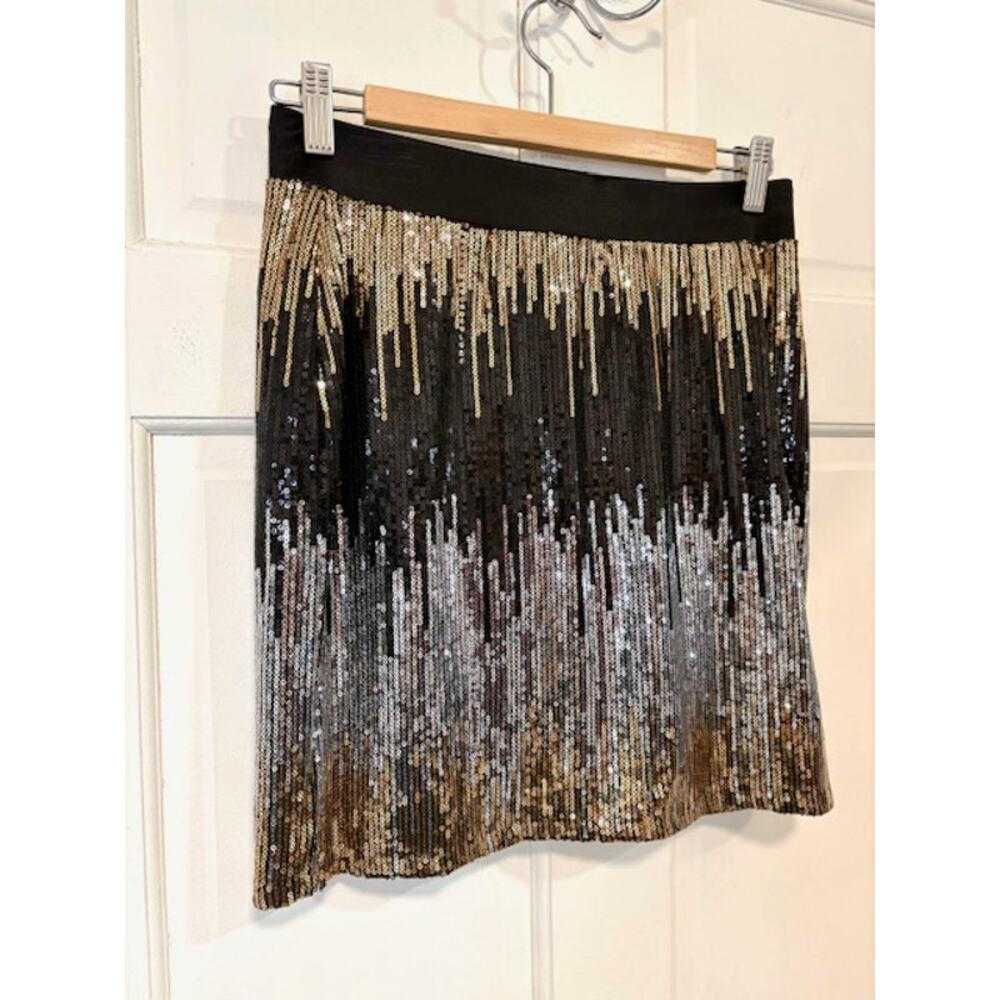 Bisou Bisou Sequin Mini Skirt Womens Sz S Black Gold Silver Ombre Stretchy Party - Picture 3 of 11